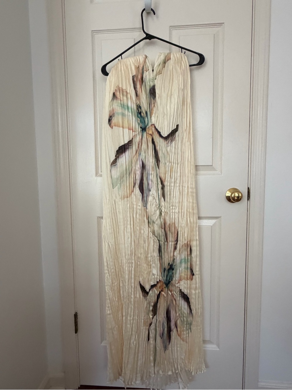Ivory Floral Pleated Maxi Dress - Elegant Strapless Design